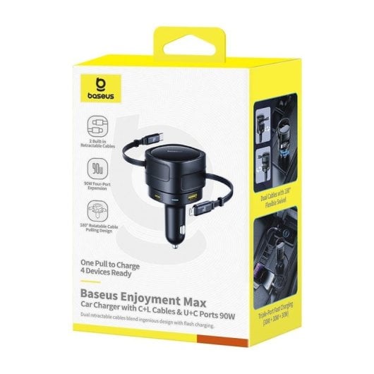 Auto-Ladegerät Baseus 90W Schwarz mit Integrierten USB-C- und Lightning-Kabeln