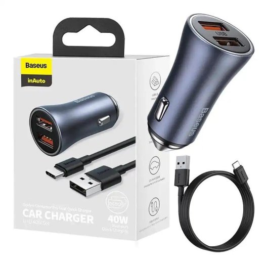 Cargador Coche Baseus Golden Contactor Pro 40W 2x USB Gris + Cable USB-C 1m Negro