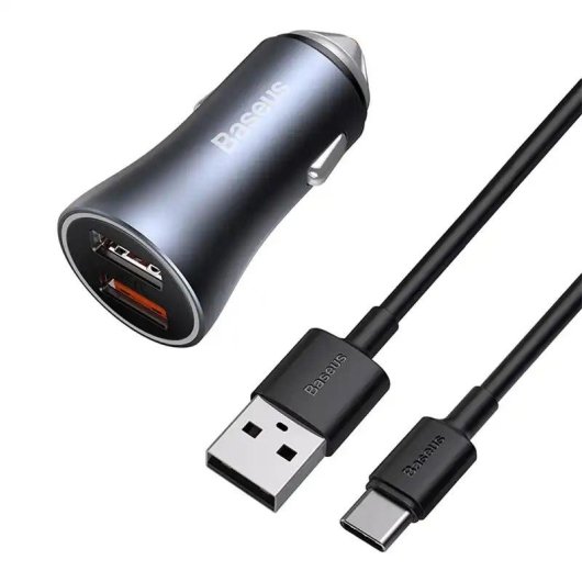 Cargador Coche Baseus Golden Contactor Pro 40W 2x USB Gris + Cable USB-C 1m Negro