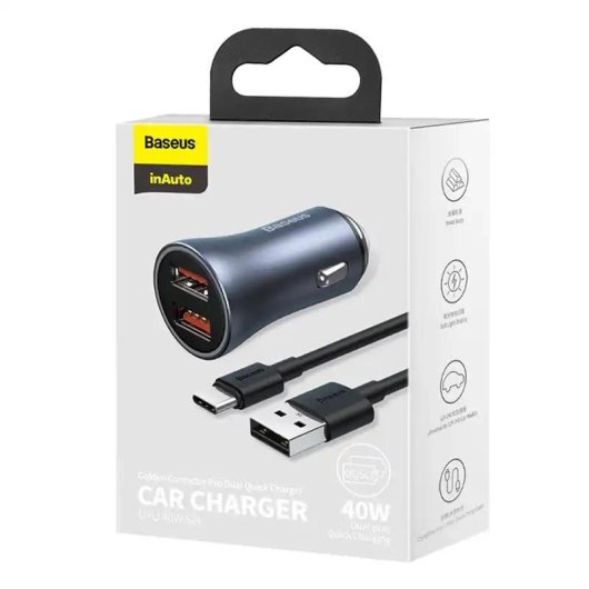 Cargador Coche Baseus Golden Contactor Pro 40W 2x USB Gris + Cable USB-C 1m Negro