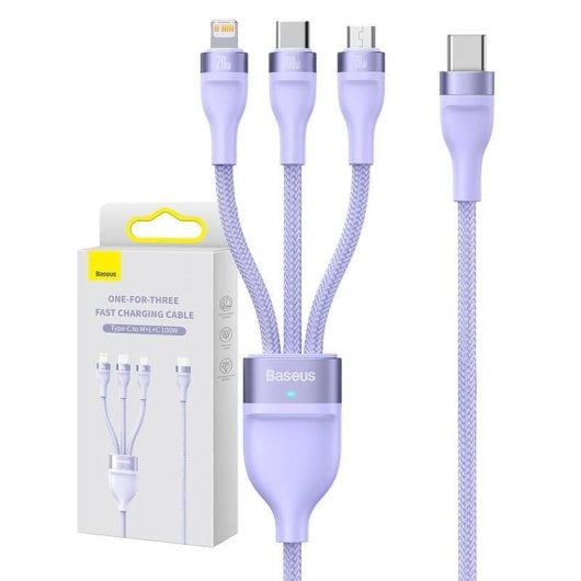 Cavo USB Baseus Flash Series 2 3 in 1 USB-C + micro USB + Lightning 100W 1,5m viola