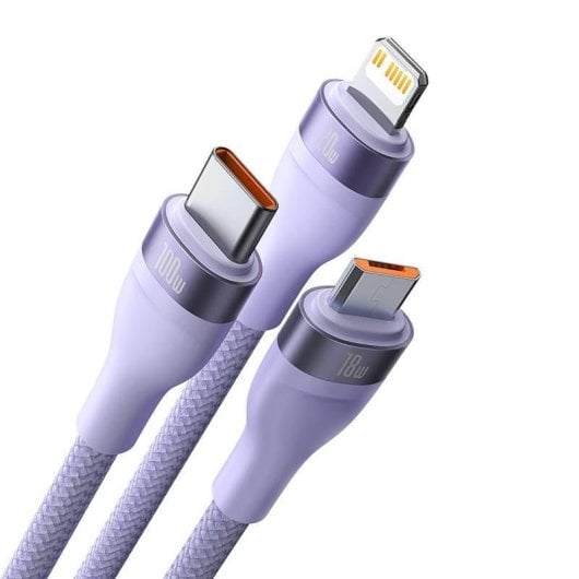 Cavo USB Baseus Flash Series 2 3 in 1 USB-C + micro USB + Lightning 100W 1,5m viola