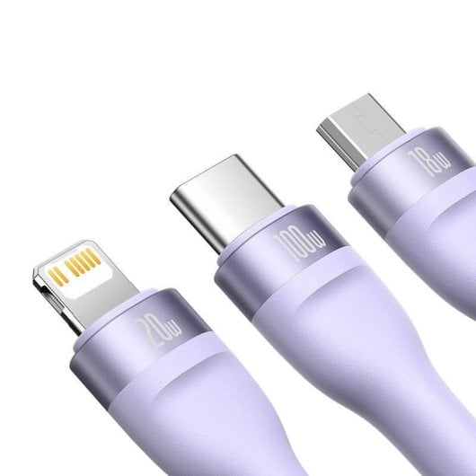 Cavo USB Baseus Flash Series 2 3 in 1 USB-C + micro USB + Lightning 100W 1,5m viola