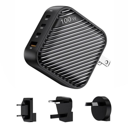 Cargador INVZI GanHub 3x USB-C + USB 100W Negro con Adaptadores Viaje