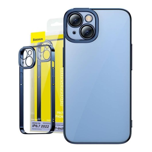 Coque Baseus Glitter Transparente avec Verre Trempé Bleu pour iPhone 14 Plus