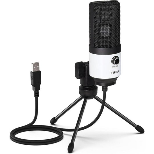 Mikrofon Fifine K669BW USB cardioid mit Lautstärkeregler und weißem Stativ