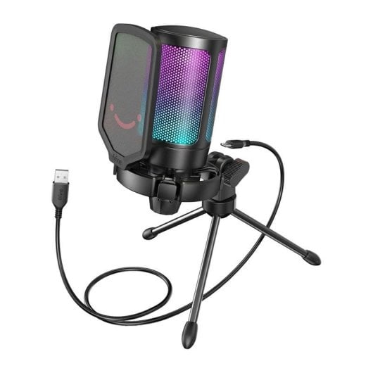 Microfone Fifine A6V USB cardioide com iluminação RGB e mute tátil