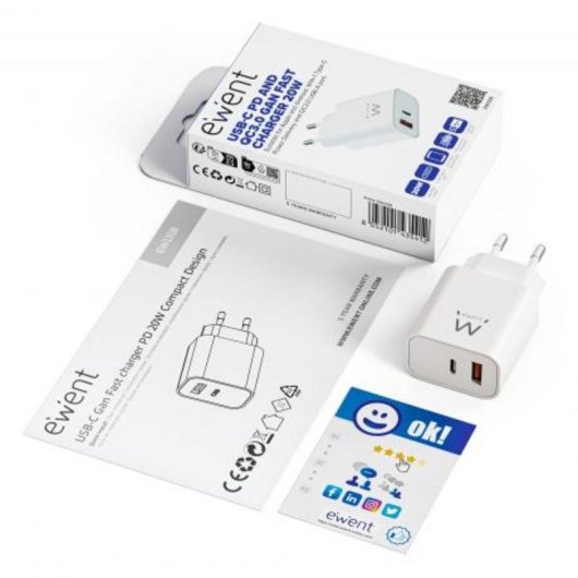 Schnelllader Ewent EW1318 20W USB-C PD und USB-A QC GaN Kompakt