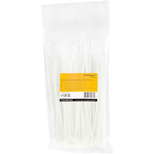 Bridas de cable StarTech 20 cm blancas paquete de 100 Nylon 66