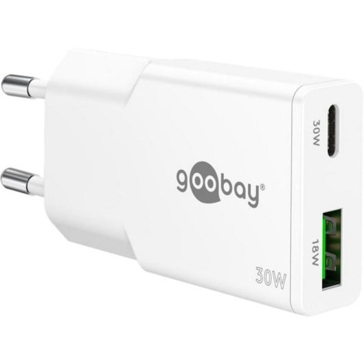 Ladegerät Goobay Dual USB-C und USB-A 30W GaN Weiß