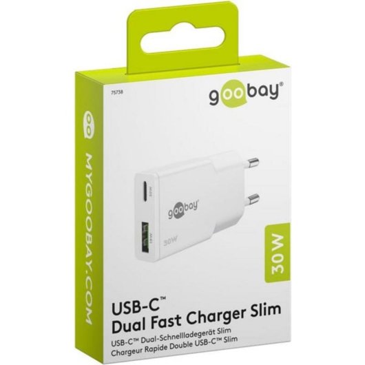 Ladegerät Goobay Dual USB-C und USB-A 30W GaN Weiß