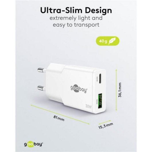 Ladegerät Goobay Dual USB-C und USB-A 30W GaN Weiß