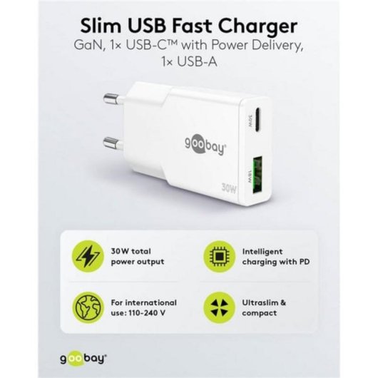 Ladegerät Goobay Dual USB-C und USB-A 30W GaN Weiß