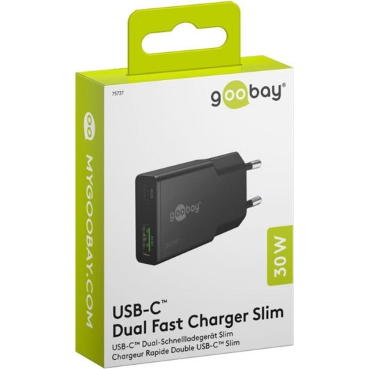 Cargador Goobay Dual USB-C y USB-A 30W GaN Negro