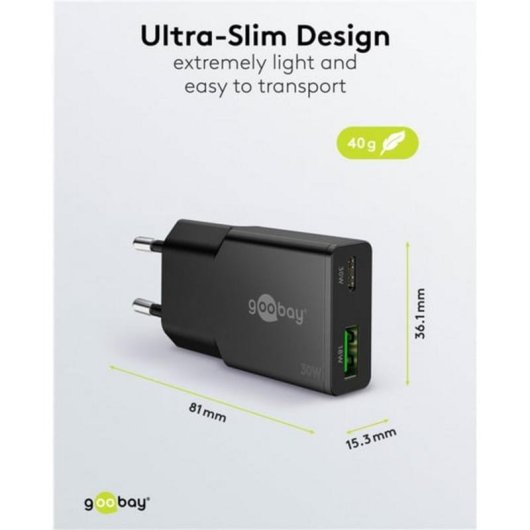 Cargador Goobay Dual USB-C y USB-A 30W GaN Negro
