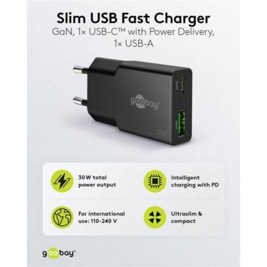Cargador Goobay Dual USB-C y USB-A 30W GaN Negro
