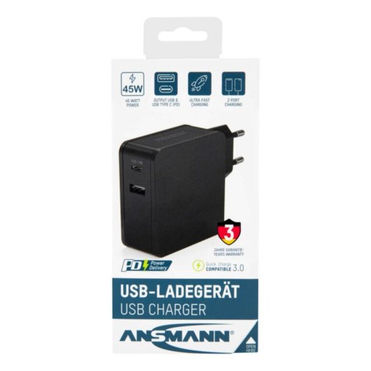 Chargeur USB-C 45W Ansmann 247PD Quick Charge 3.0 Noir