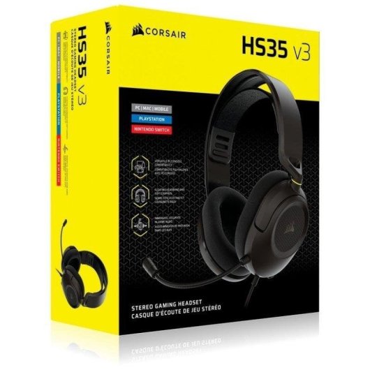 Auriculares Corsair HS35 v3 con cable jack 3,5 mm para gaming, micrófono omnidireccional, color carbón