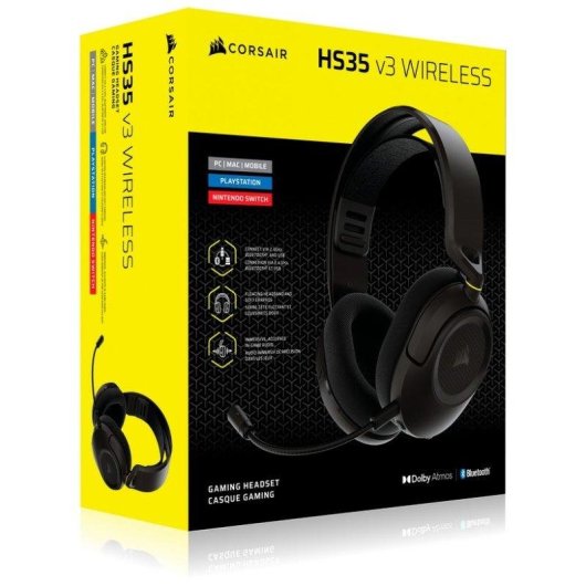 Auriculares Corsair HS35 v3 inalámbricos Bluetooth y USB-C para gaming, micrófono omnidireccional, carbón
