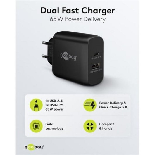 Schnelllader Dual USB-C PD GaN 65W goobay 65409