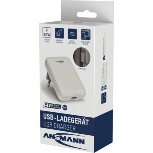 Carregador USB-C 30W Power Delivery 3.0 Ansmann 1001-0173 Cinzento Branco