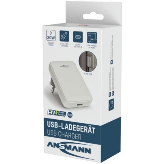 Carregador USB-C 30W Power Delivery 3.0 Ansmann 1001-0173 Cinzento Branco