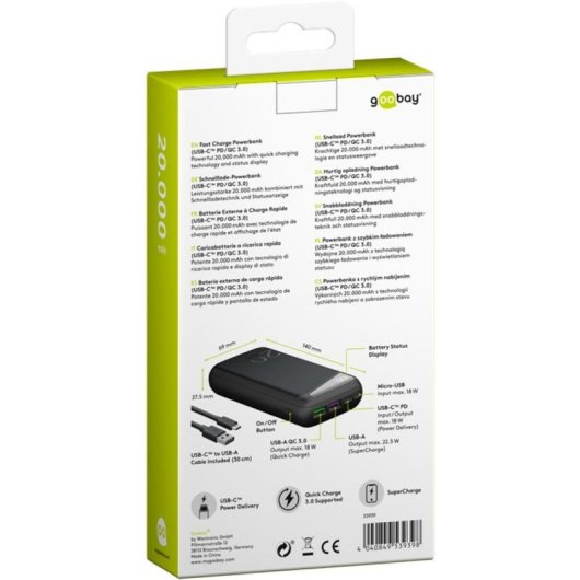 Batterie externe Goobay 53939 20000 mAh Quick Charge 3.0 USB-C PD Noir