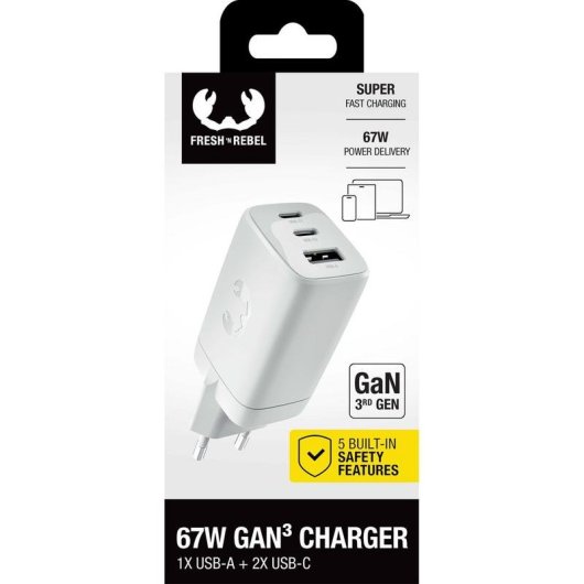 Cargador de Pared Fresh 'n Rebel 67W PD con 1 USB-A y 2 USB-C Gris Hielo