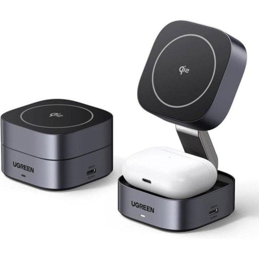 Estación de Carga Inalámbrica Ugreen 2 en 1 MagSafe Qi2 15W Plegable Gris