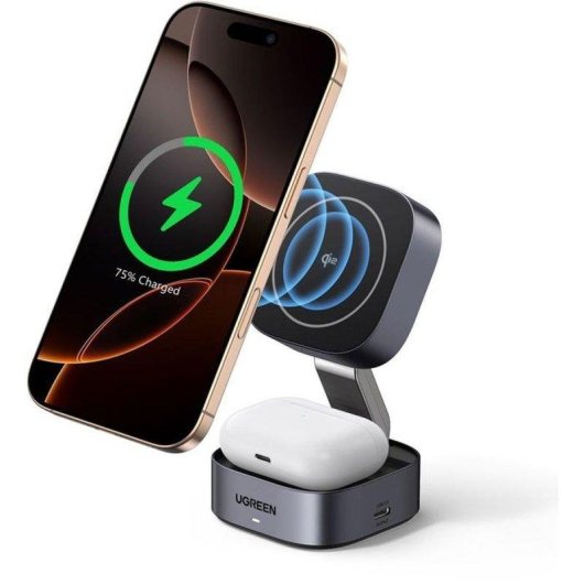 Estación de Carga Inalámbrica Ugreen 2 en 1 MagSafe Qi2 15W Plegable Gris
