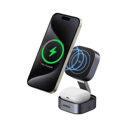 Estación de Carga Inalámbrica Ugreen 2 en 1 MagSafe Qi2 15W Plegable Gris