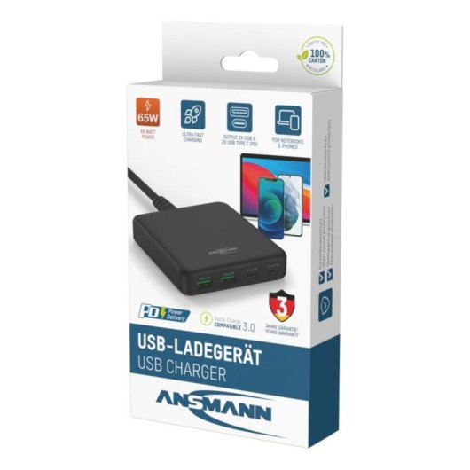 Cargador de sobremesa Ansmann DC465PD 65W 4 puertos USB-C y USB-A