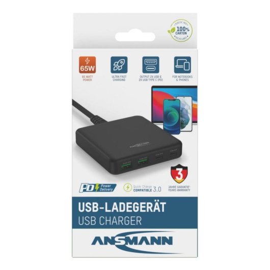 Cargador de sobremesa Ansmann DC465PD 65W 4 puertos USB-C y USB-A