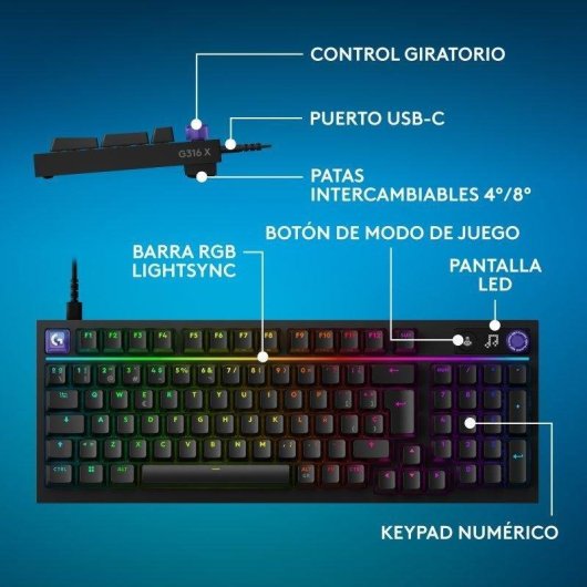 Clavier Logitech G316 X 98 compact mécanique hot-swap avec écran LED et RGB LIGHTSYNC USA