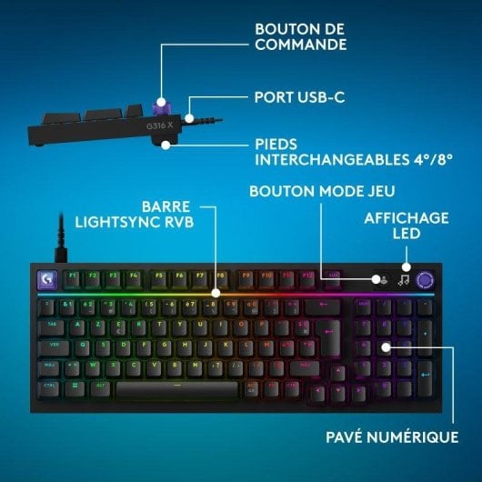 Clavier Logitech G316 X 98 mécanique hot-swap avec écran LED et RGB LIGHTSYNC Français
