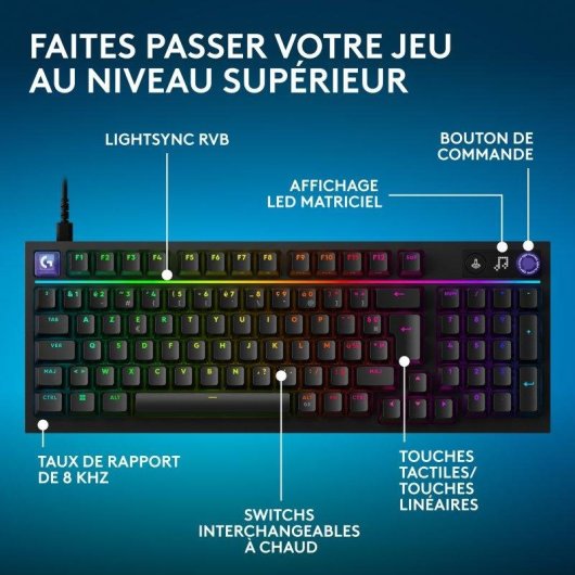 Clavier Logitech G316 X 98 mécanique hot-swap avec écran LED et RGB LIGHTSYNC Français