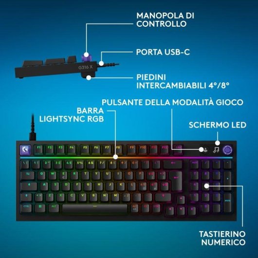 Tastiera Logitech G316 X meccanica hot-swap compatta 98% con schermo LED e RGB LIGHTSYNC Italiano