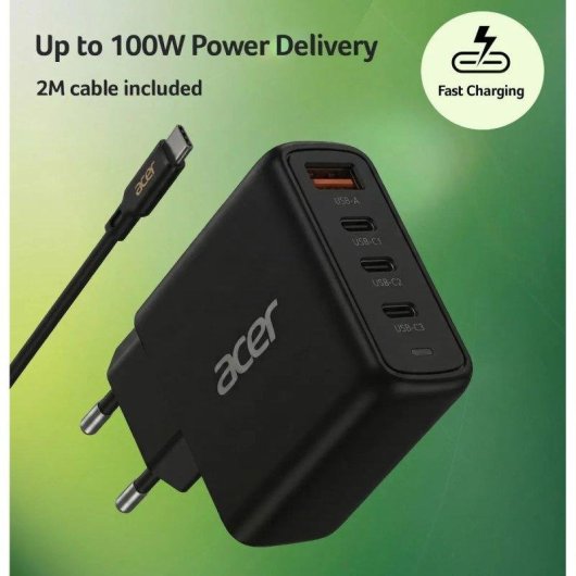 Caricatore Acer GaN II 100W PD 3x USB-C 1x USB-A 2m Nero