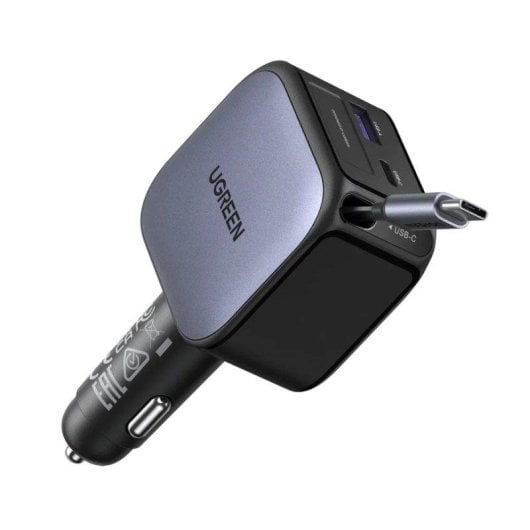 Cargador de Mechero Ugreen 60W con Cable Retráctil USB-C y USB-A Gris