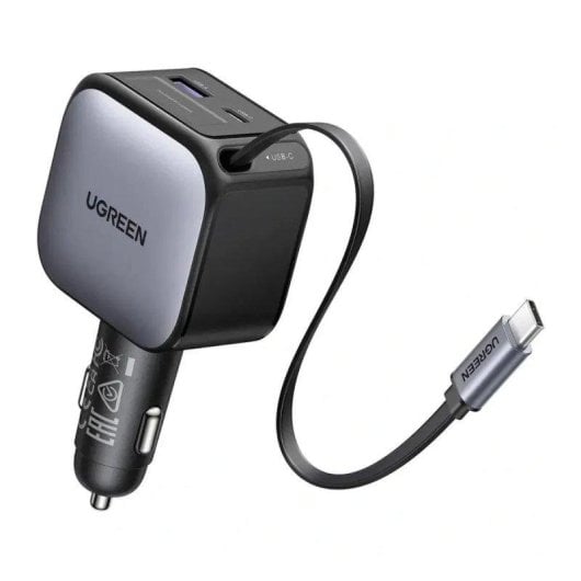 Cargador de Mechero Ugreen 60W con Cable Retráctil USB-C y USB-A Gris