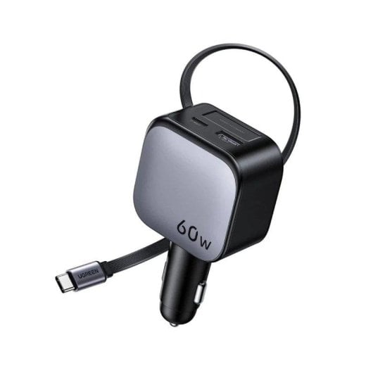 Cargador de Mechero Ugreen 60W con Cable Retráctil USB-C y USB-A Gris