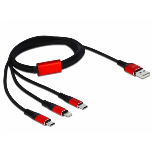 Cable de carga USB 3 en 1 Delock Tipo-A a Lightning/Micro USB/USB Type-C 1 m negro/rojo