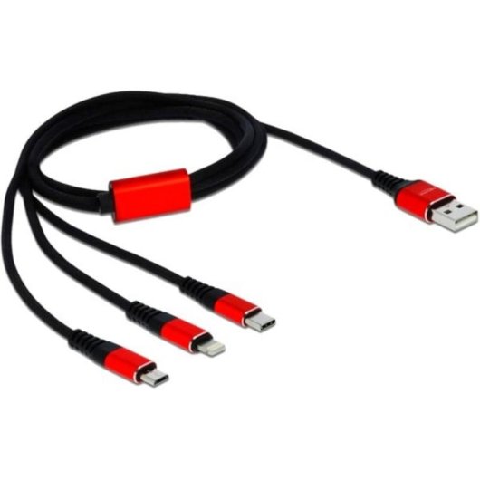 Cable de carga USB 3 en 1 Delock Tipo-A a Lightning/Micro USB/USB Type-C 1 m negro/rojo