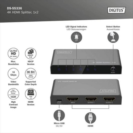 Splitter HDMI 1x4 DIGITUS 4K/60 Hz HDCP 2.3 EDID