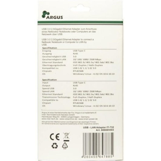 Netzwerkkarte Inter-Tech IT-732 USB Typ C Ethernet 2,5 Gbit/s Aluminium Grau