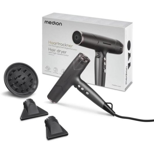 Secador de Cabelo Iónico Medion LIFE HD2 MD19984 1740W 3 Temperaturas 3 Velocidades Difusor Cinzento