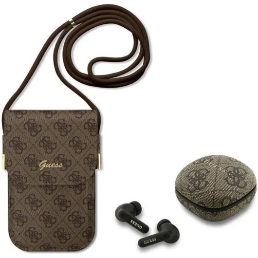 Auriculares Guess TWS inalámbricos Bluetooth con bolso de polipiel marrón y logo 4G