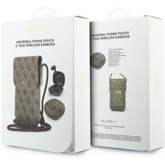 Auriculares Guess TWS inalámbricos Bluetooth con bolso de polipiel marrón y logo 4G
