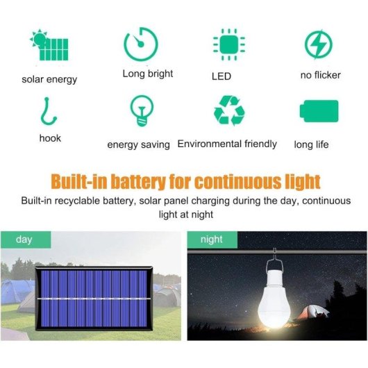 Bombilla LED Solar Recargable Autrucker Impermeable Colgante para Camping y Emergencias