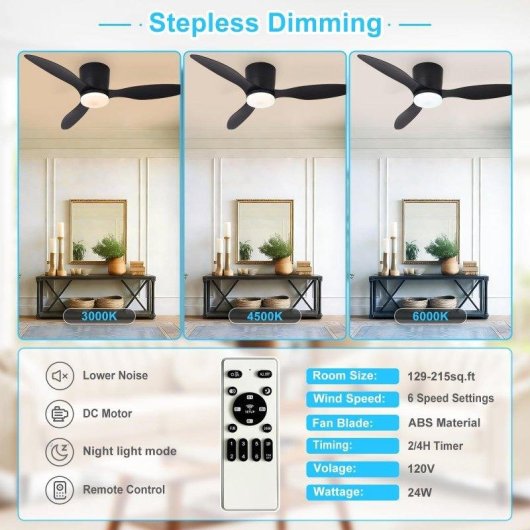 Deckenventilator mit Licht Autrucker 20W 107cm 6 Stufen Leise Fernbedienung